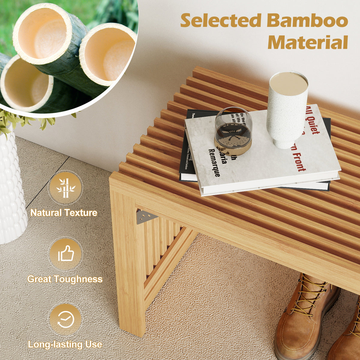 Bamboo Dining Bench, 90CM Long Entryway Bench Indoor Kitchen Bench