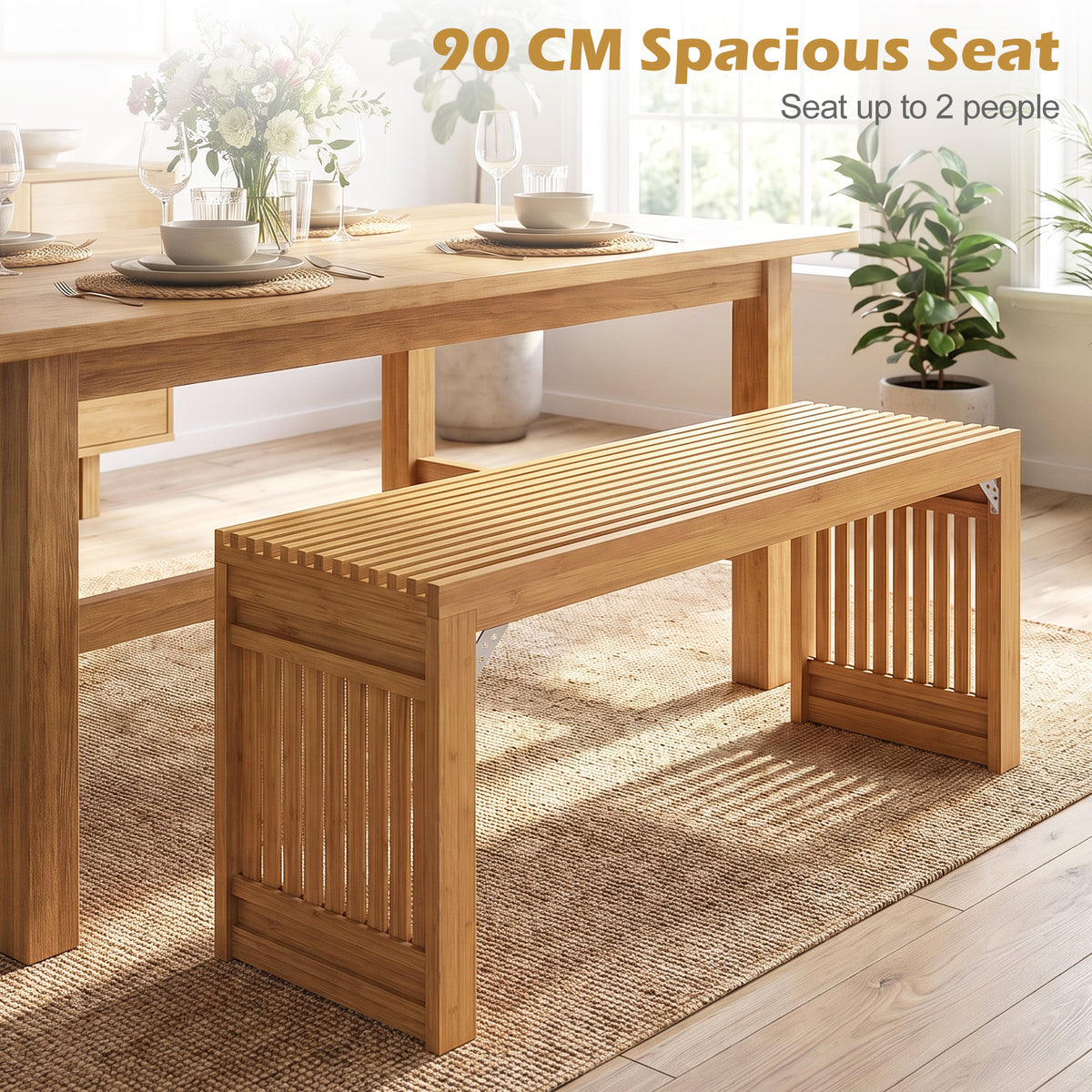 Bamboo Dining Bench, 90CM Long Entryway Bench Indoor Kitchen Bench