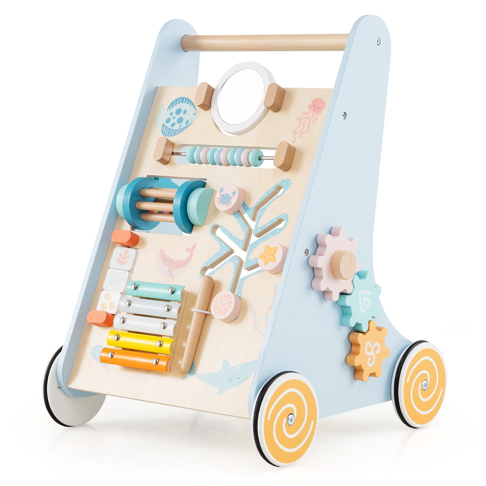 8-in-1 Wooden Baby Walker, Push and Pull Learning Activity Center for 1+ Years Old