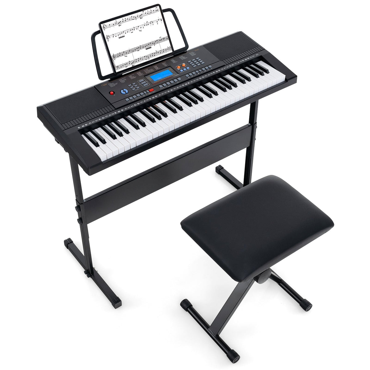 61-Key Portable Electronic Keyboard Piano w/ Stand & Stool, Complete Digital Piano Set w/ 300 Timbres