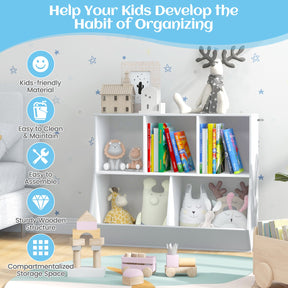 5-Cubby Kids Toy Storage Organizer, Wooden Children Bookcase Bookshelf