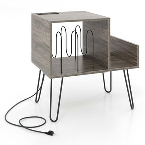 Giantex Record Player Stand with Power Outlet, Turntable Stand with Vinyl Divider & Display Shelf
