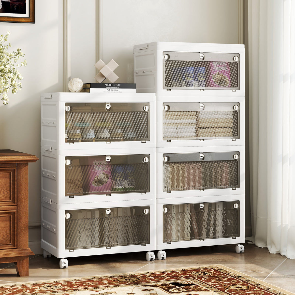 Giantex Plastic Storage Bins, Stackable Storage Boxes with Lid, Collapsible Closet Storage Organizer with Wheels