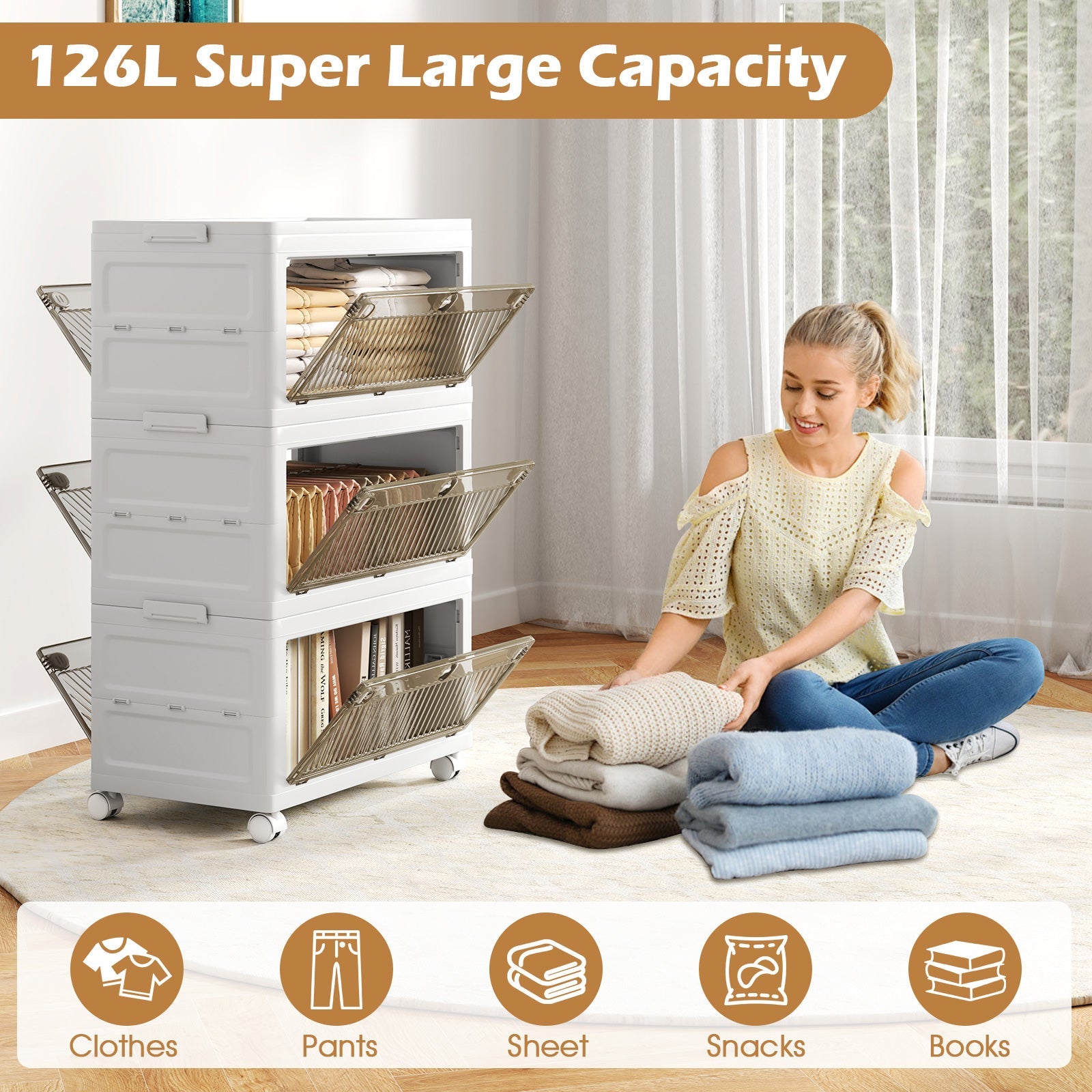 Giantex Plastic Storage Bins, Stackable Storage Boxes with Lid, Collapsible Closet Storage Organizer with Wheels
