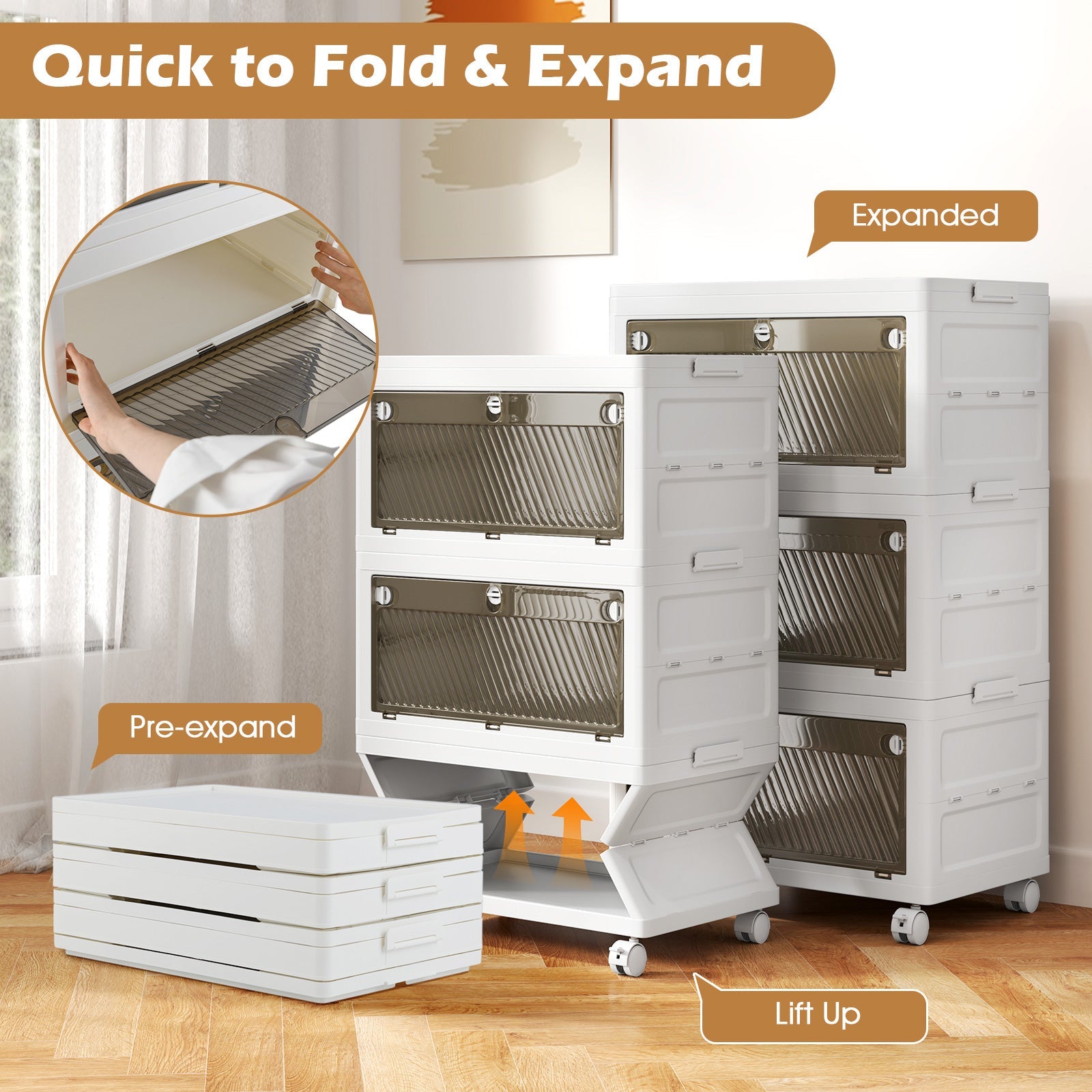 Giantex Plastic Storage Bins, Stackable Storage Boxes with Lid, Collapsible Closet Storage Organizer with Wheels