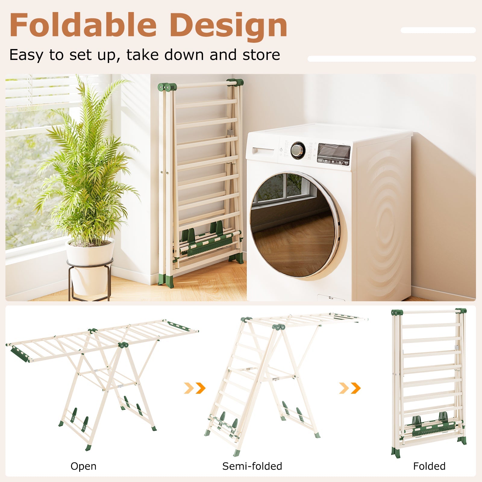 Foldable Metal Laundry Drying Rack with Height Adjustable Wings, 20 Drying Rails