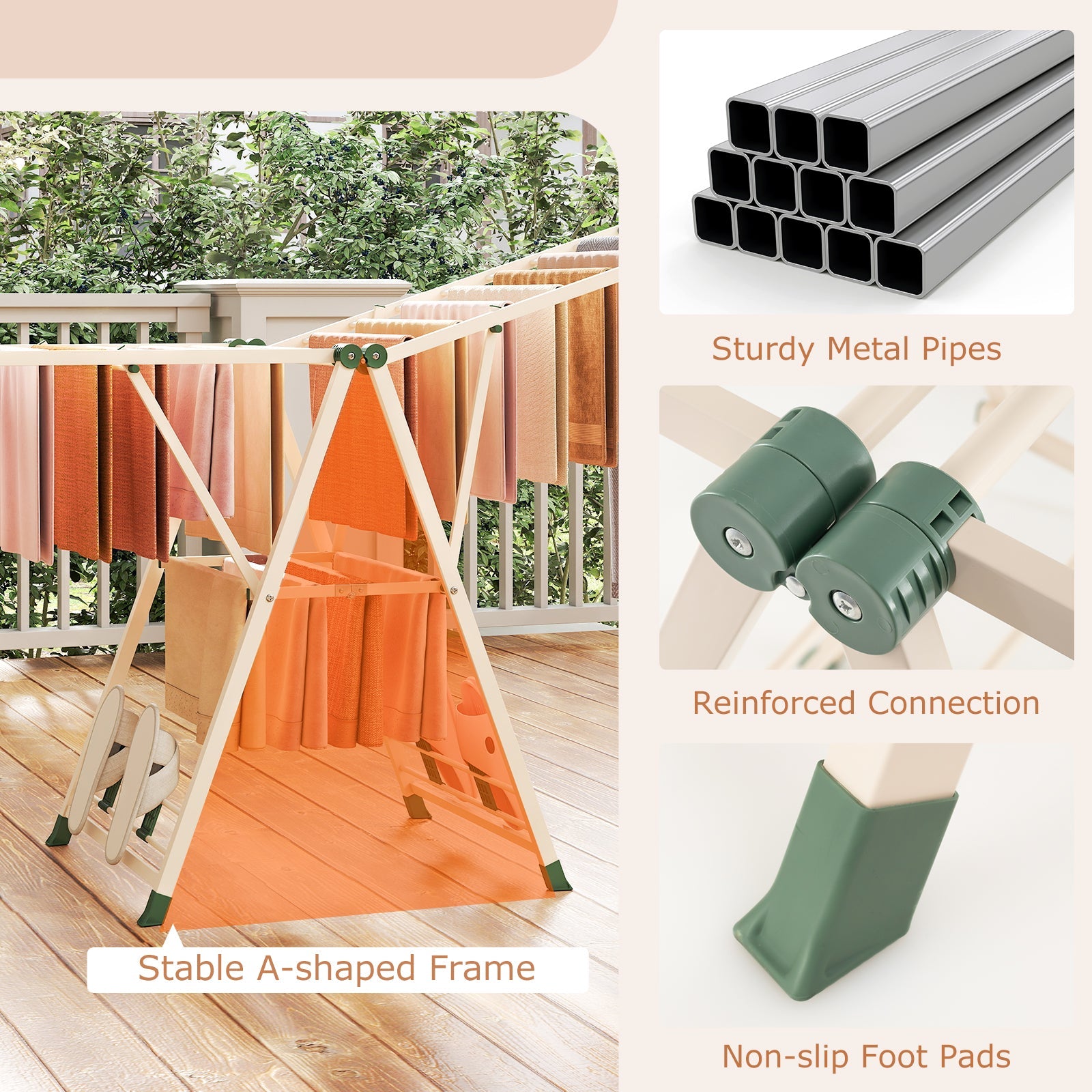 Foldable Metal Laundry Drying Rack with Height Adjustable Wings, 20 Drying Rails
