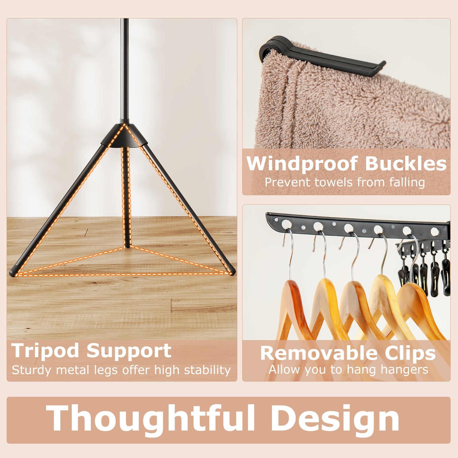 3-Tier Folding Clothes Drying Rack, 178 cm Freestanding Tripod Laundry Drying Rack