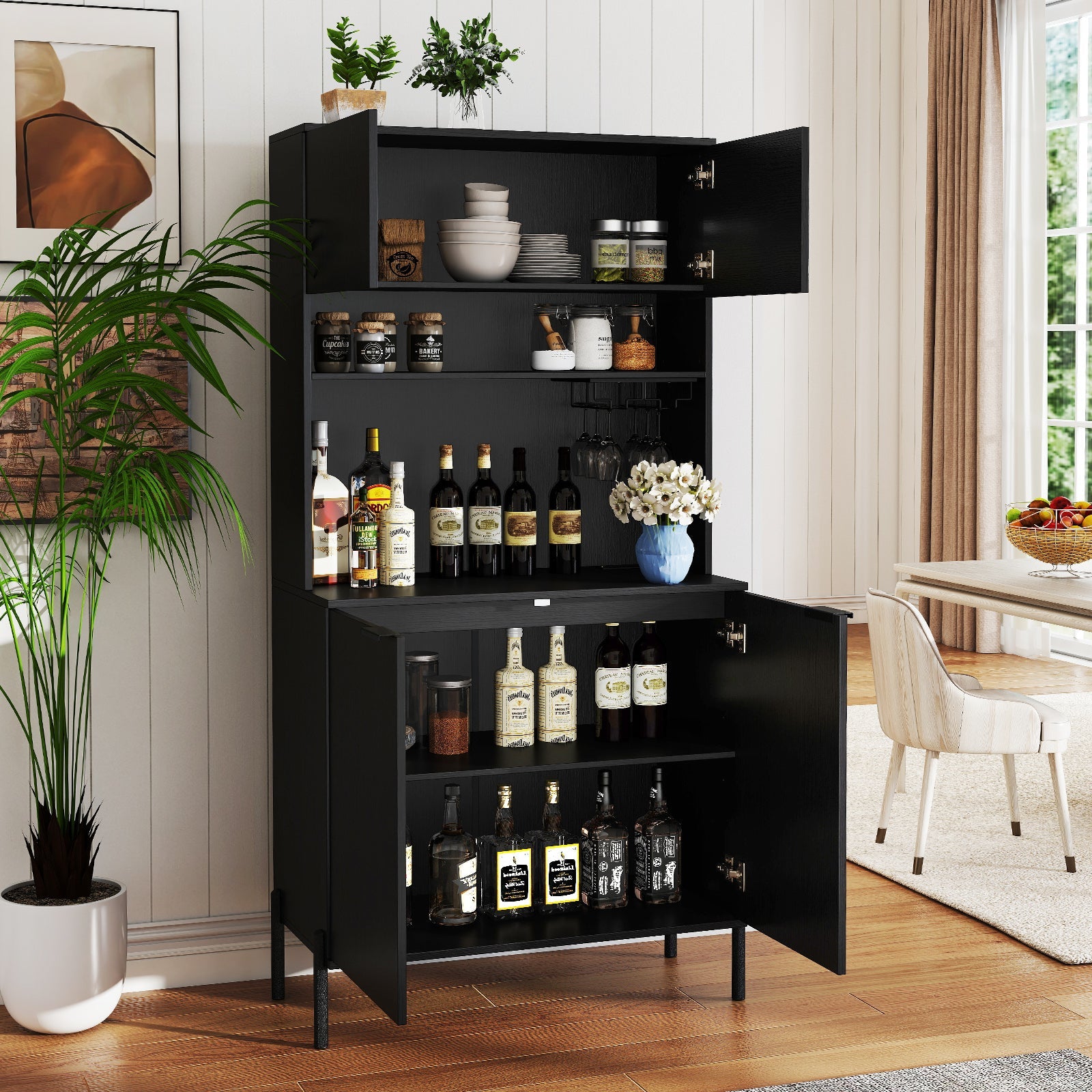 Kitchen Pantry Cabinet with Charging Station, 164 cm Tall Wine Bar Cabinet