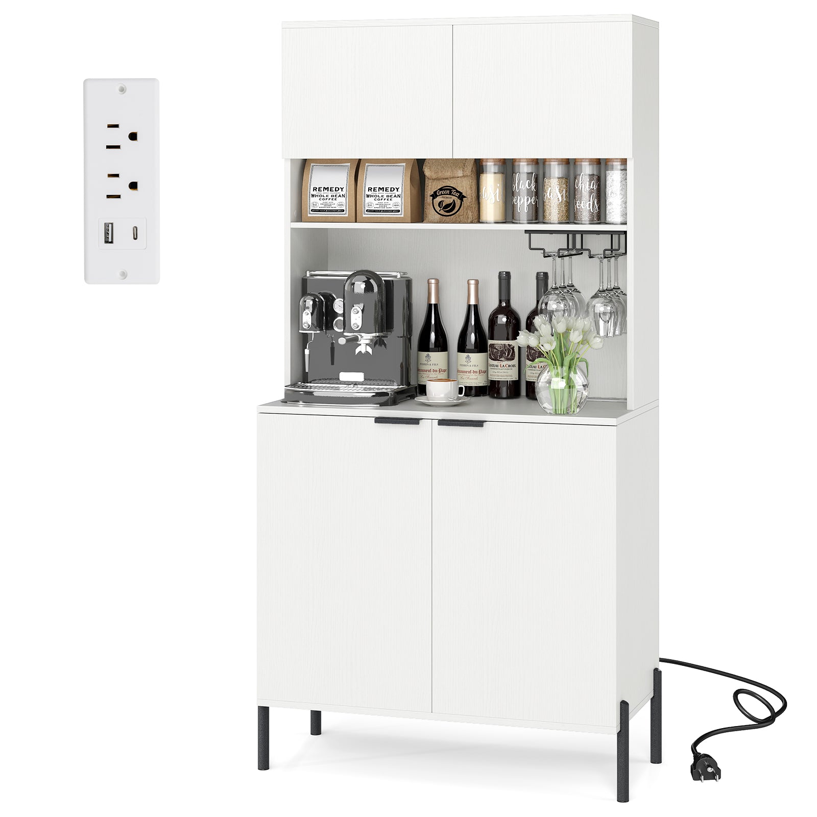 Kitchen Pantry Cabinet with Charging Station, 164 cm Tall Wine Bar Cabinet