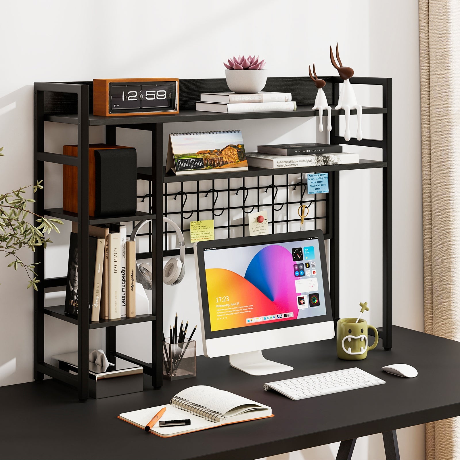 Desk Shelf, 4-Tier Desktop Display Rack with Metal Grid Panel & 6 Hooks