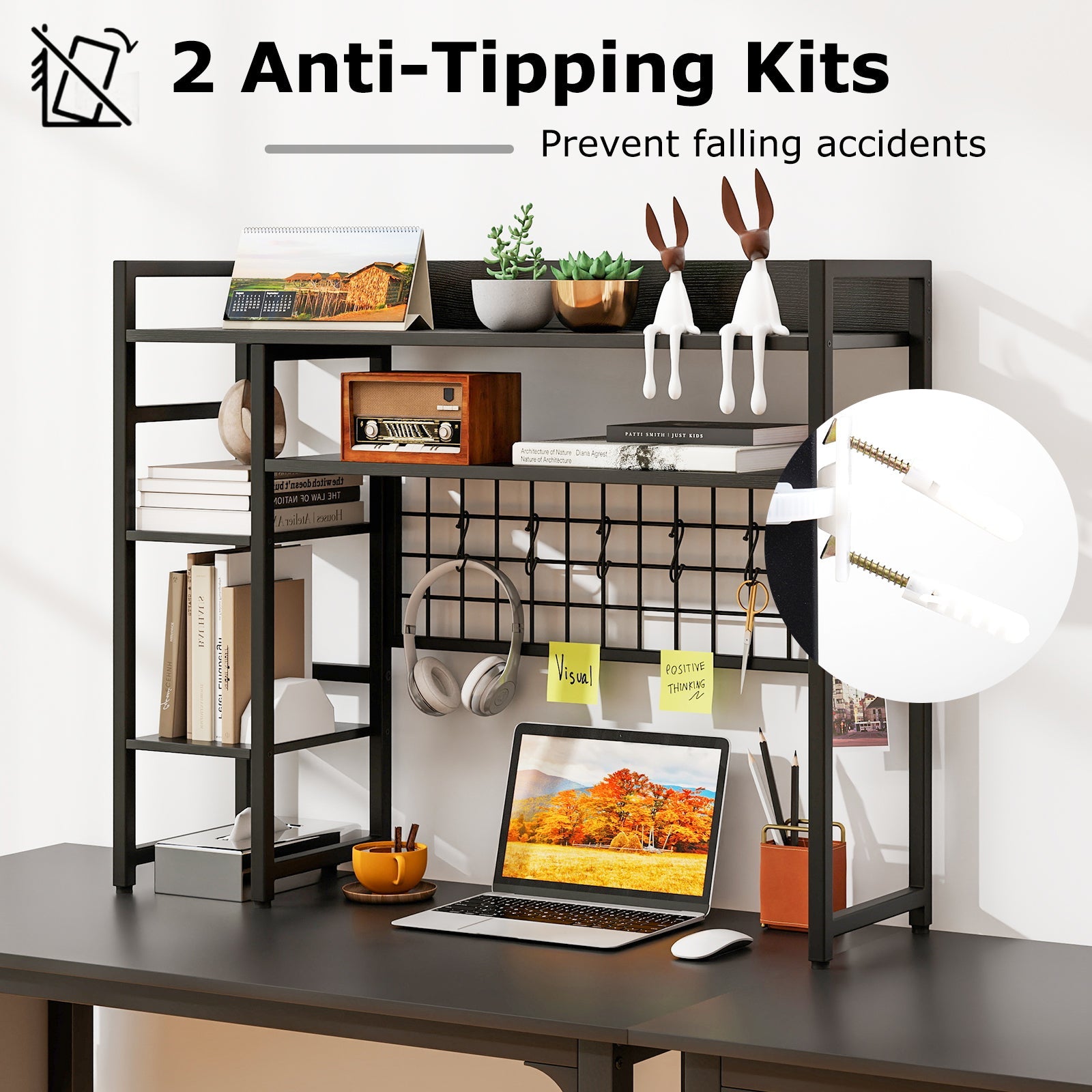 Desk Shelf, 4-Tier Desktop Display Rack with Metal Grid Panel & 6 Hooks