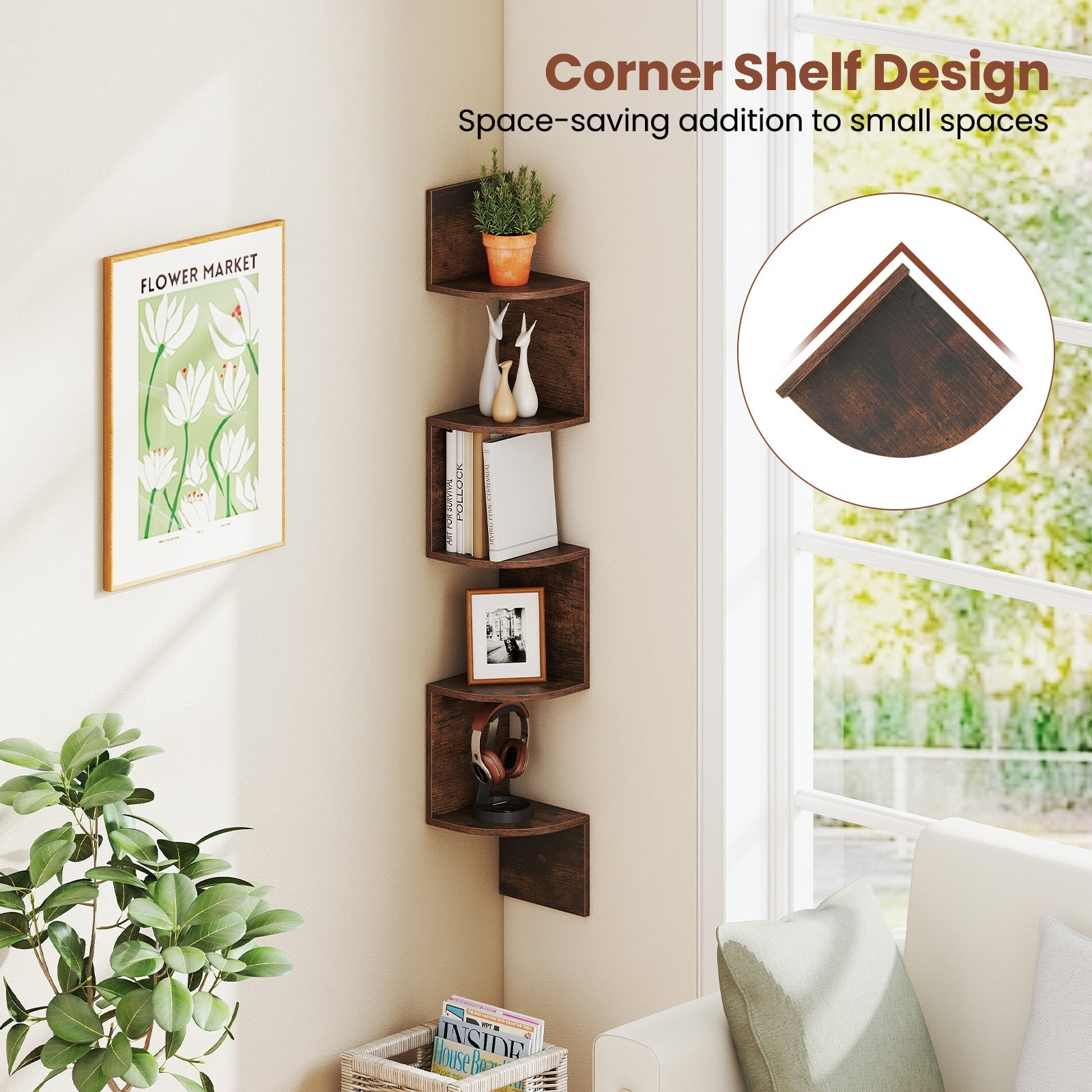5-Tier Corner Shelf, Floating Bookshelf, Wall Mounted Storage Organizer