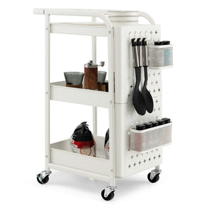 3-Tier Rolling Cart, Storage Trolley Organizer w/DIY Dual Pegboards, 2 Baskets, 4 Removable Hooks