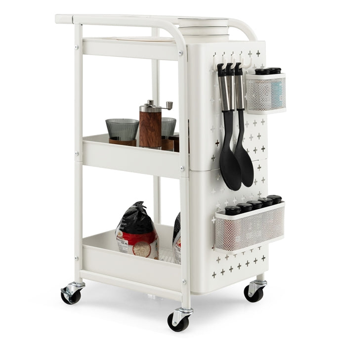 3-Tier Rolling Cart, Storage Trolley Organizer w/DIY Dual Pegboards, 2 Baskets, 4 Removable Hooks