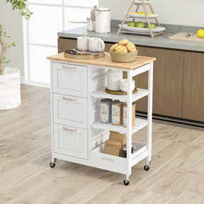 Giantex Kitchen Island on Wheel with Storage, Multi-purpose Rolling Cart w/ Rubber Wood Countertop, 3 Drawers