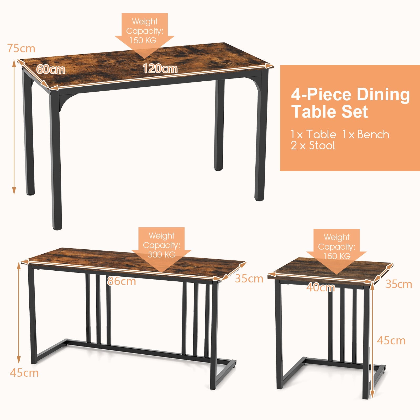 Giantex 4 Pieces Dining Table Set, Rectangular Wooden Dining Table w/Bench & 2 Stools