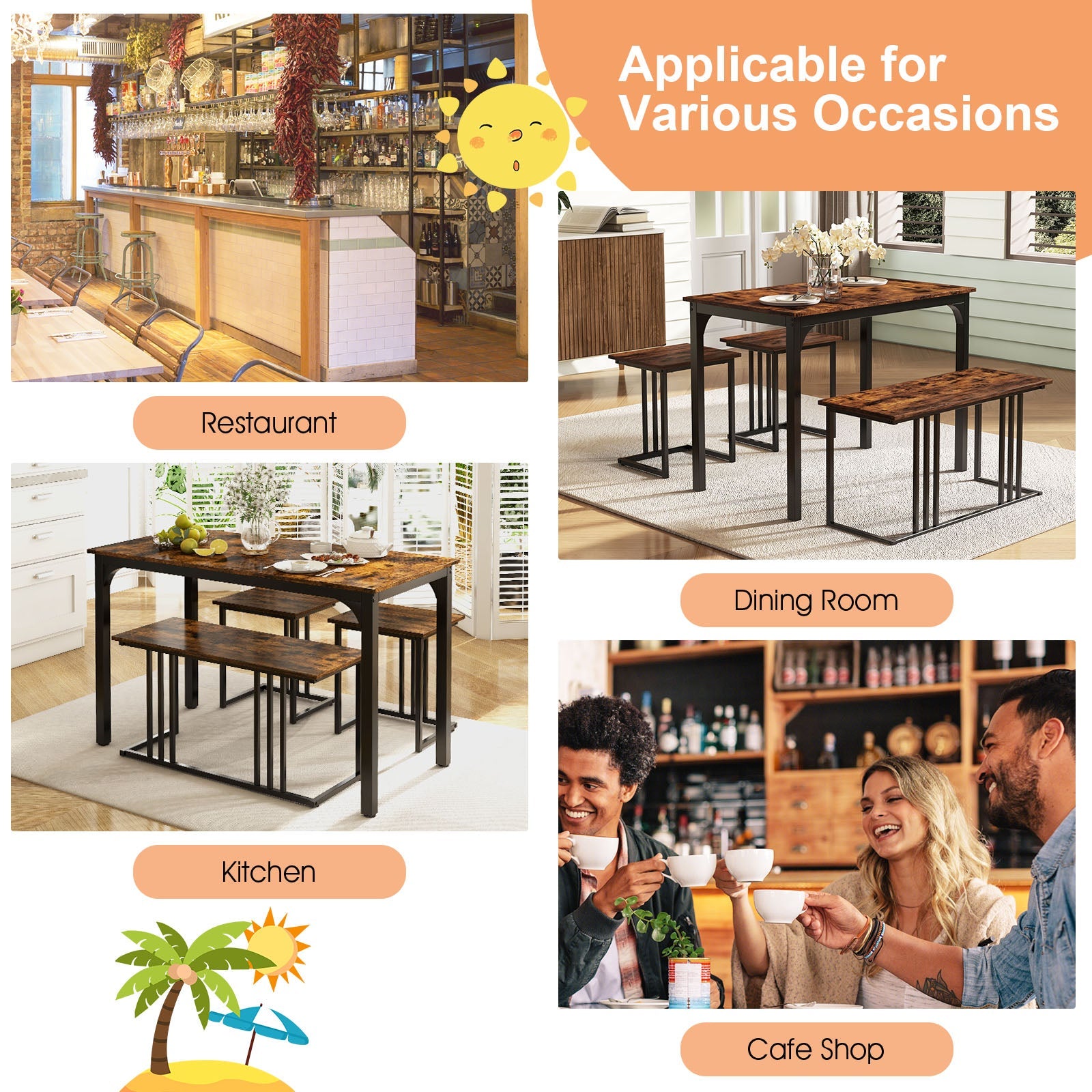 Giantex 4 Pieces Dining Table Set, Rectangular Wooden Dining Table w/Bench & 2 Stools