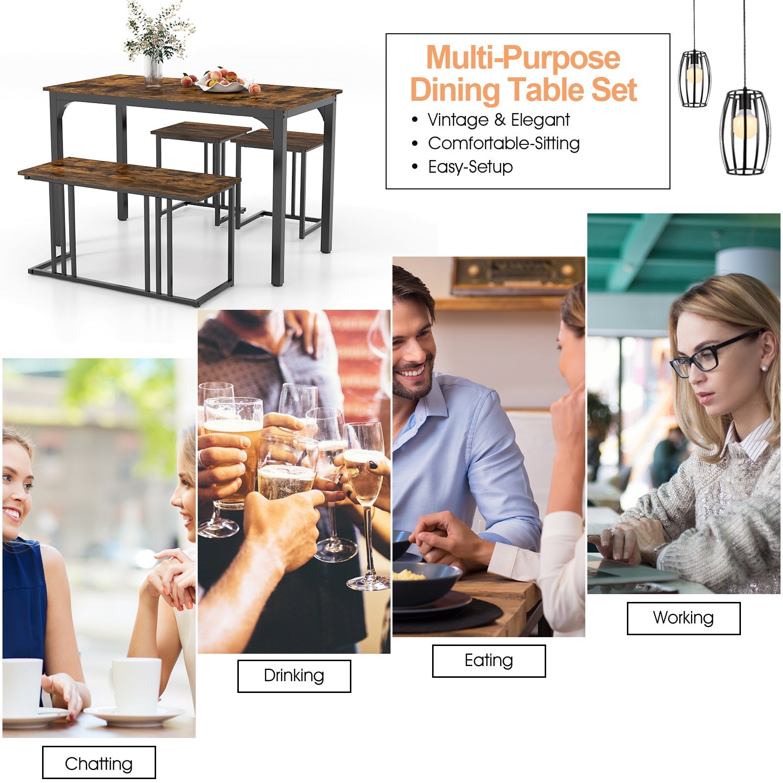 Giantex 4 Pieces Dining Table Set, Rectangular Wooden Dining Table w/Bench & 2 Stools