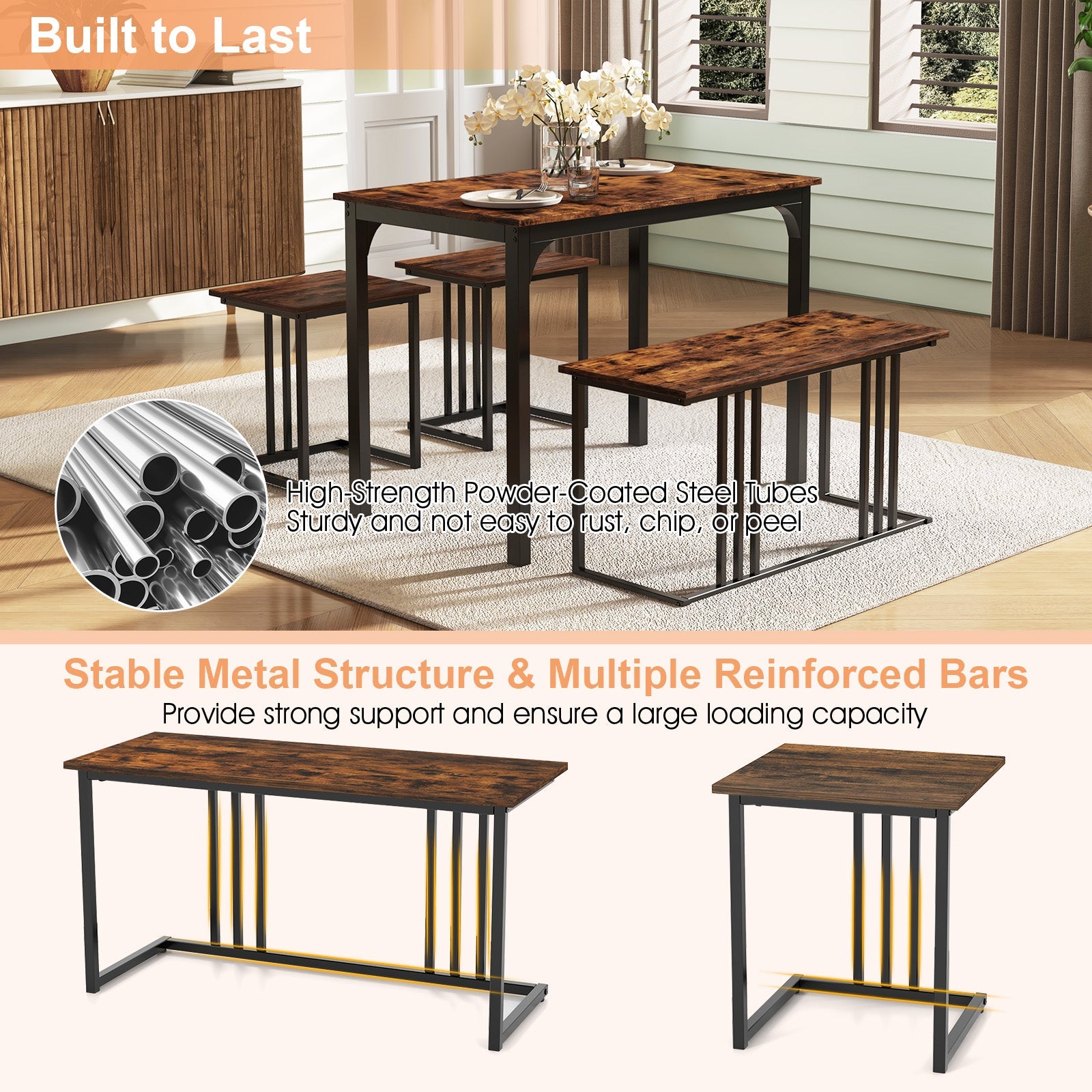 Giantex 4 Pieces Dining Table Set, Rectangular Wooden Dining Table w/Bench & 2 Stools