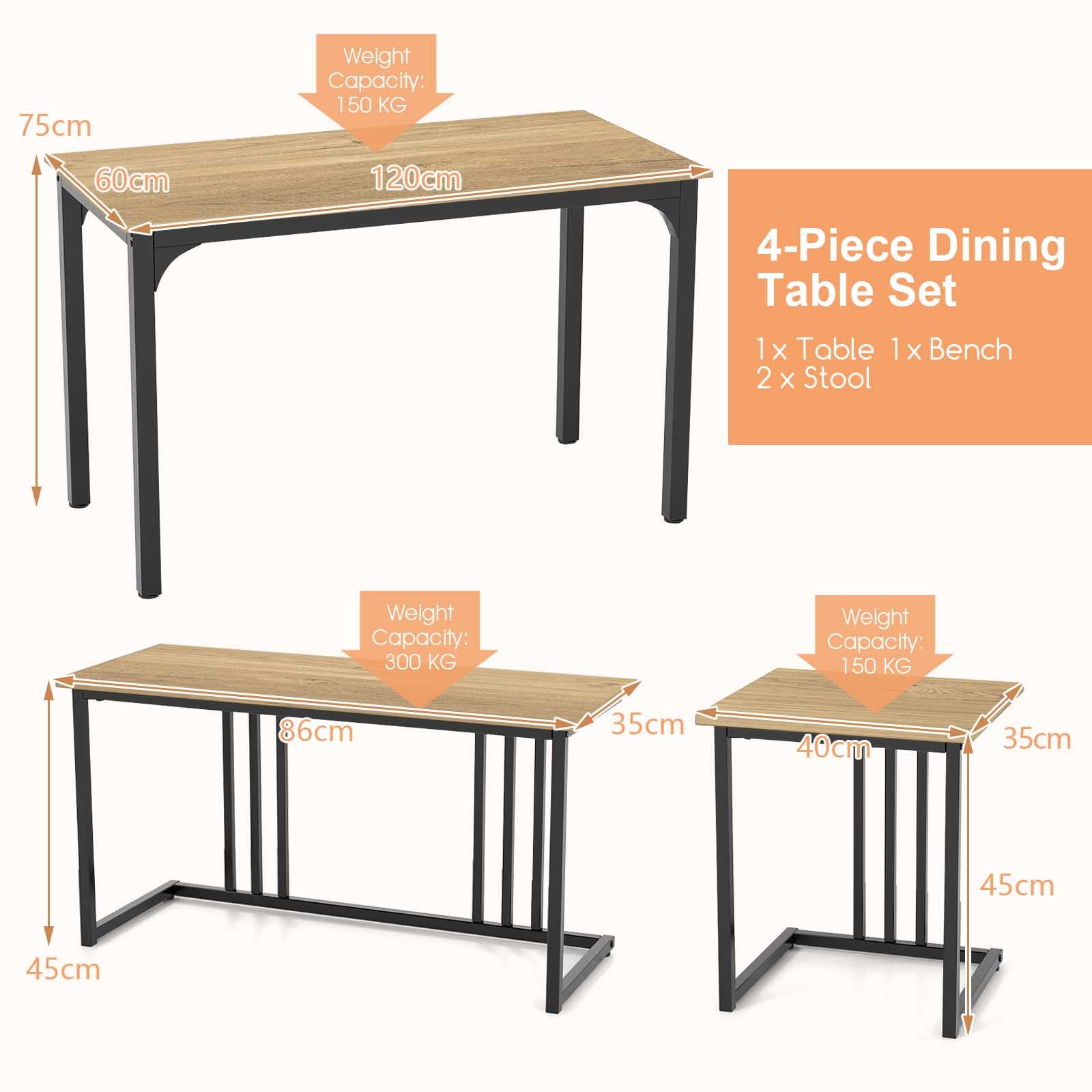 Giantex 4-Piece Dining Table Set, Industrial Dining Table W/Bench & 2 Stools for 4 Persons
