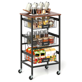 4/5-Tier Kitchen Storage Cart Utility Cart w/ Wooden Top Snack Storage Cart