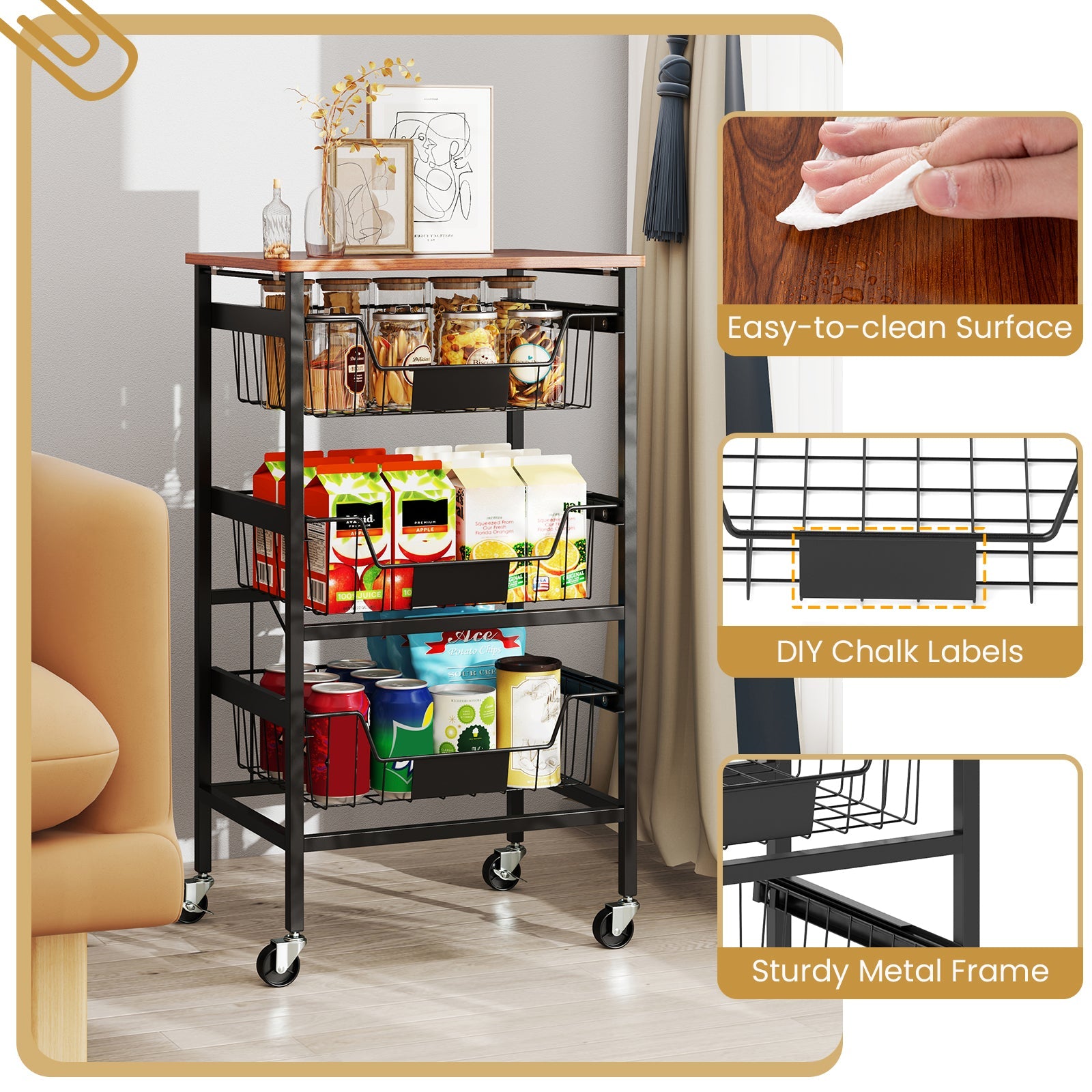 4/5-Tier Kitchen Storage Cart Utility Cart w/ Wooden Top Snack Storage Cart