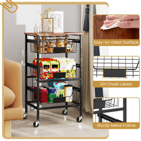 4/5-Tier Kitchen Storage Cart Utility Cart w/ Wooden Top Snack Storage Cart