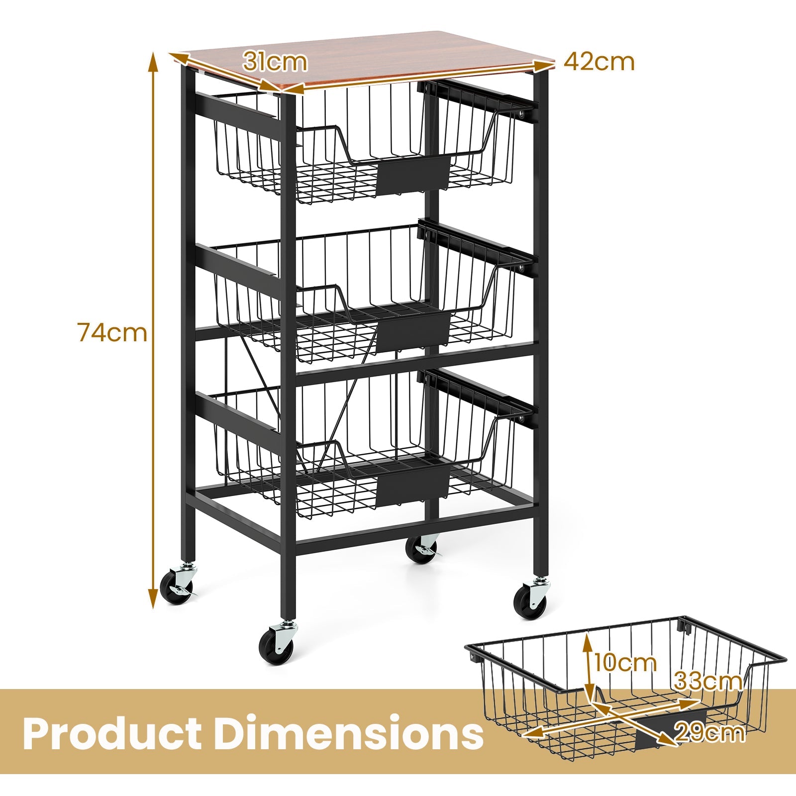 4/5-Tier Kitchen Storage Cart Utility Cart w/ Wooden Top Snack Storage Cart
