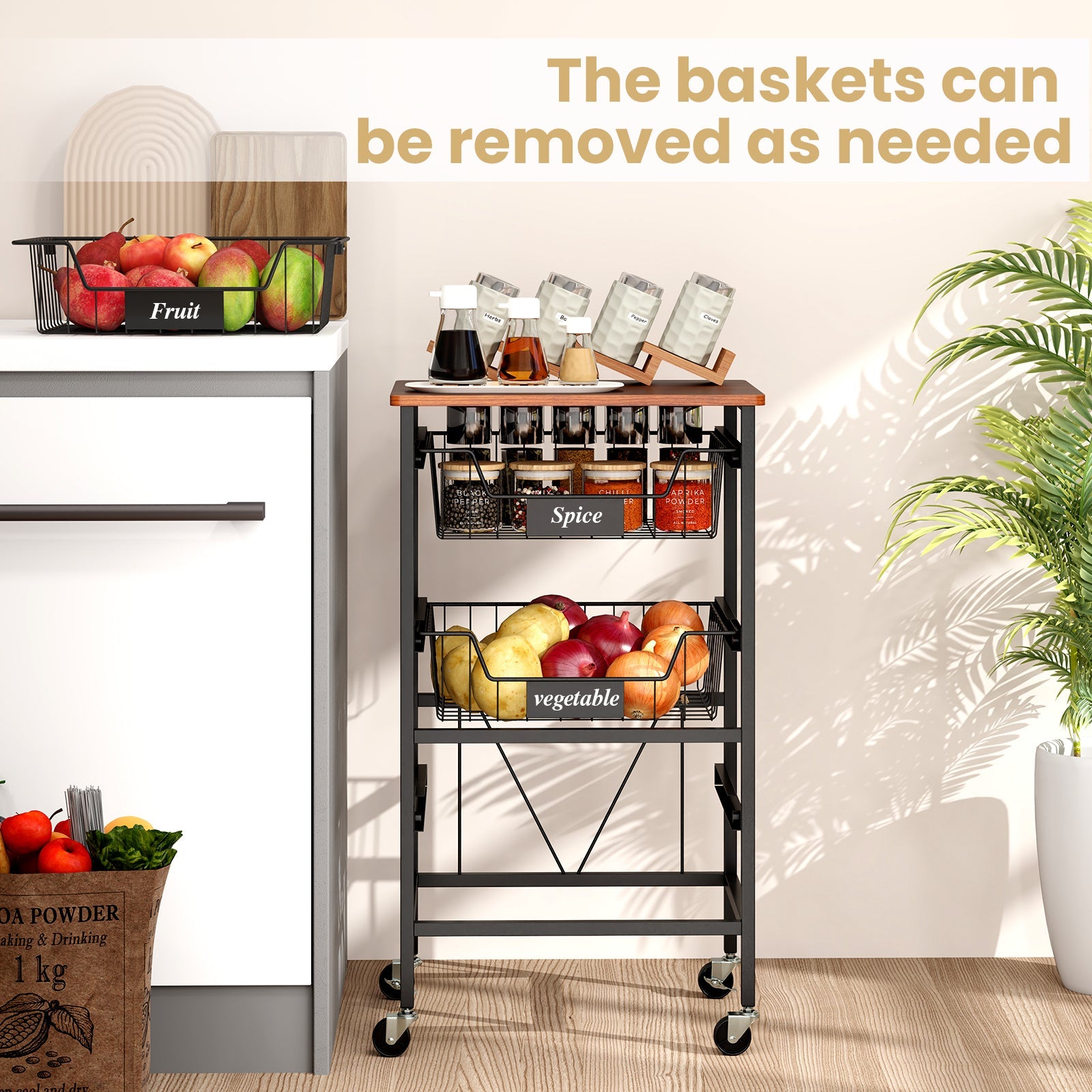 4/5-Tier Kitchen Storage Cart Utility Cart w/ Wooden Top Snack Storage Cart