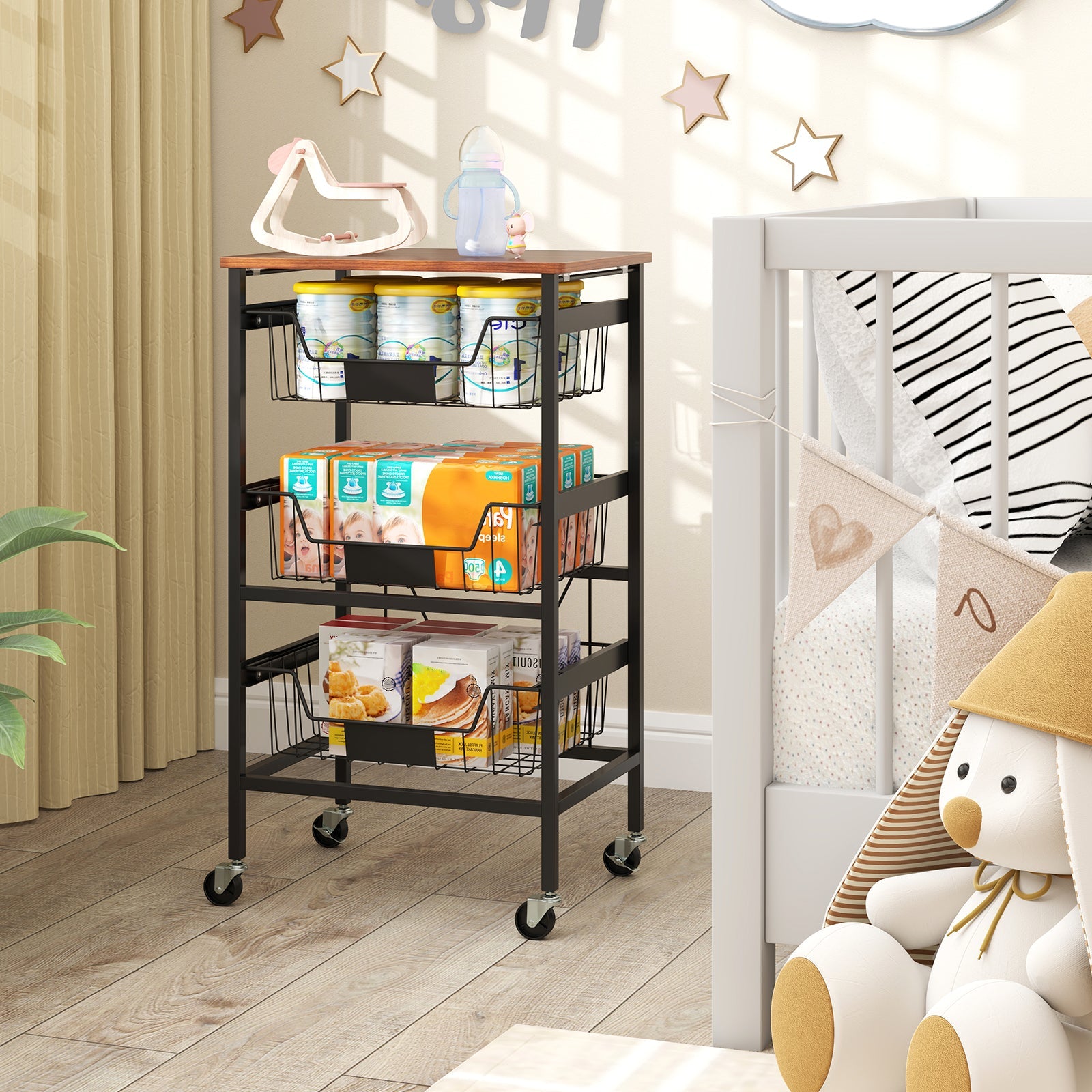 4/5-Tier Kitchen Storage Cart Utility Cart w/ Wooden Top Snack Storage Cart