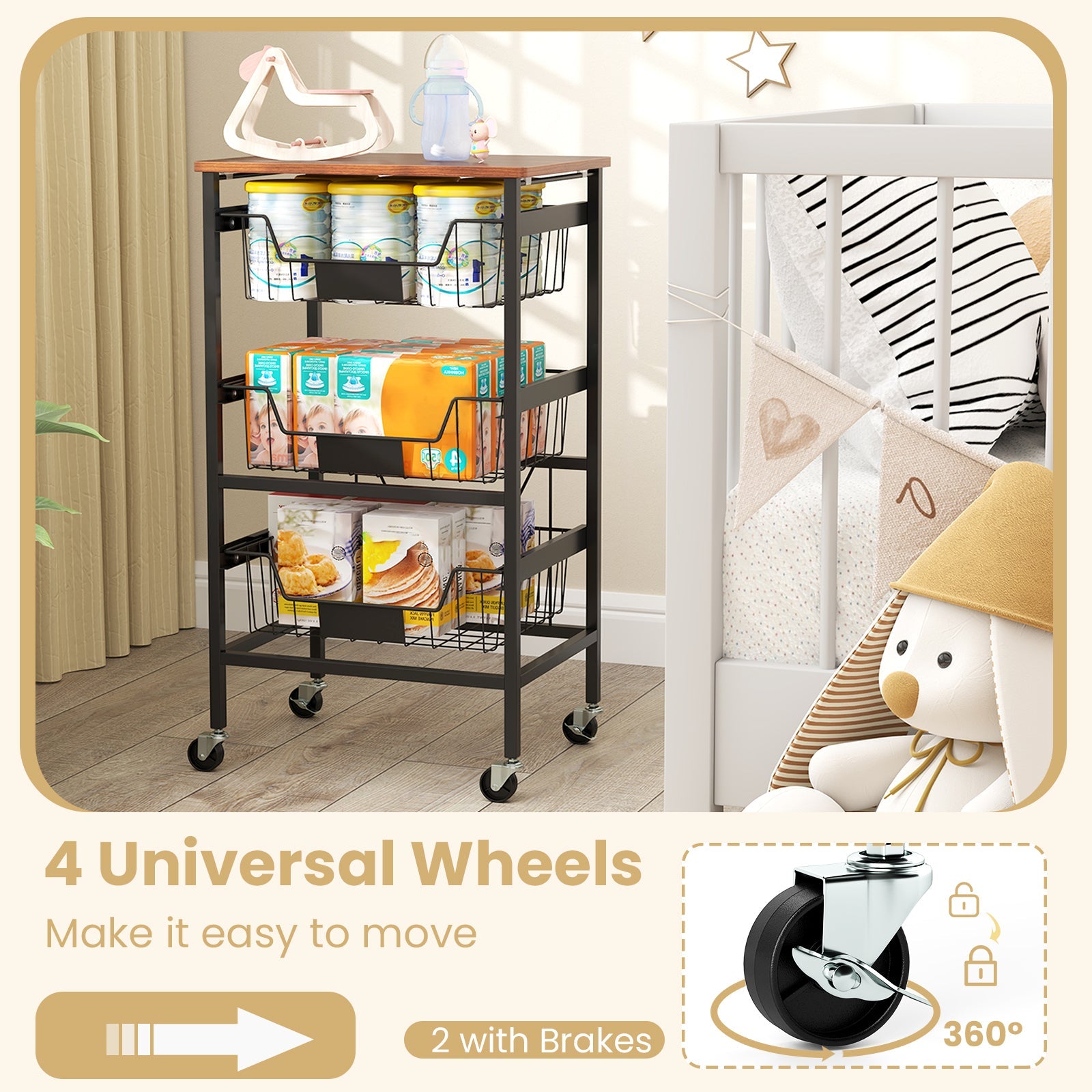 4/5-Tier Kitchen Storage Cart Utility Cart w/ Wooden Top Snack Storage Cart
