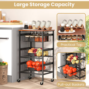 4/5-Tier Kitchen Storage Cart Utility Cart w/ Wooden Top Snack Storage Cart