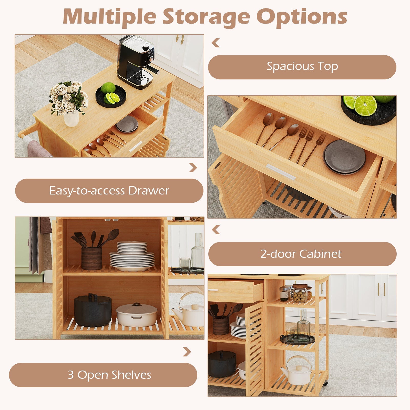 Kitchen Island Cart on Wheels, Portable Storage Cabinet w/Sturdy Bamboo Frame