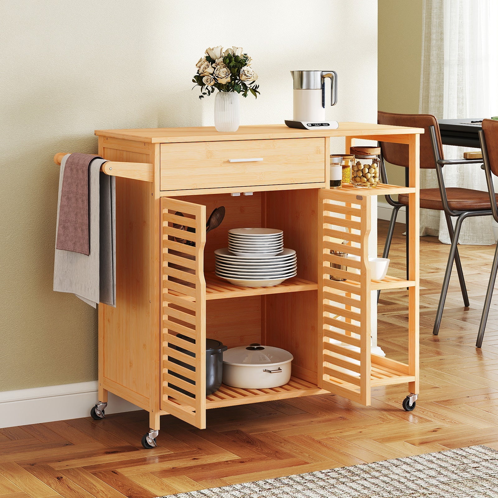 Kitchen Island Cart on Wheels, Portable Storage Cabinet w/Sturdy Bamboo Frame