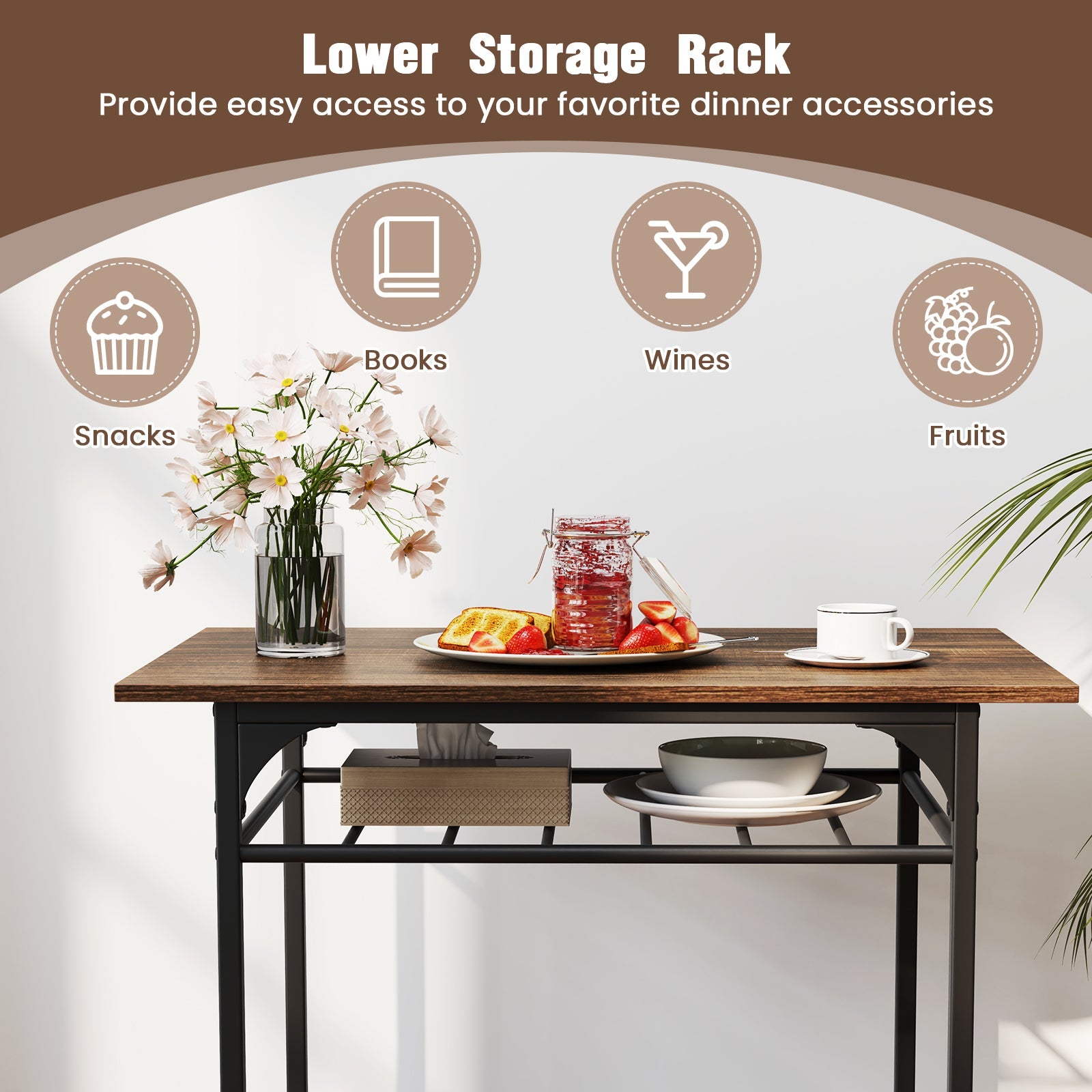 3-Piece Dining Table Set for 2 Wood Rectangular Table & Chair Metal Frame