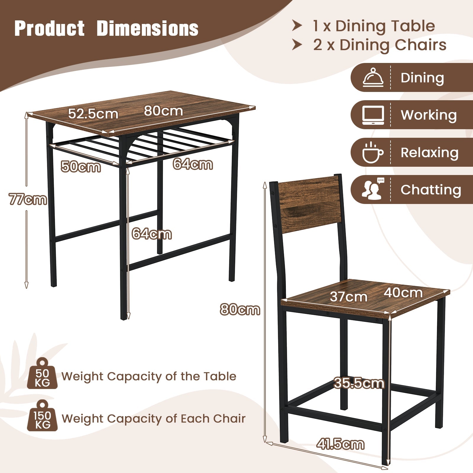 3-Piece Dining Table Set for 2 Wood Rectangular Table & Chair Metal Frame