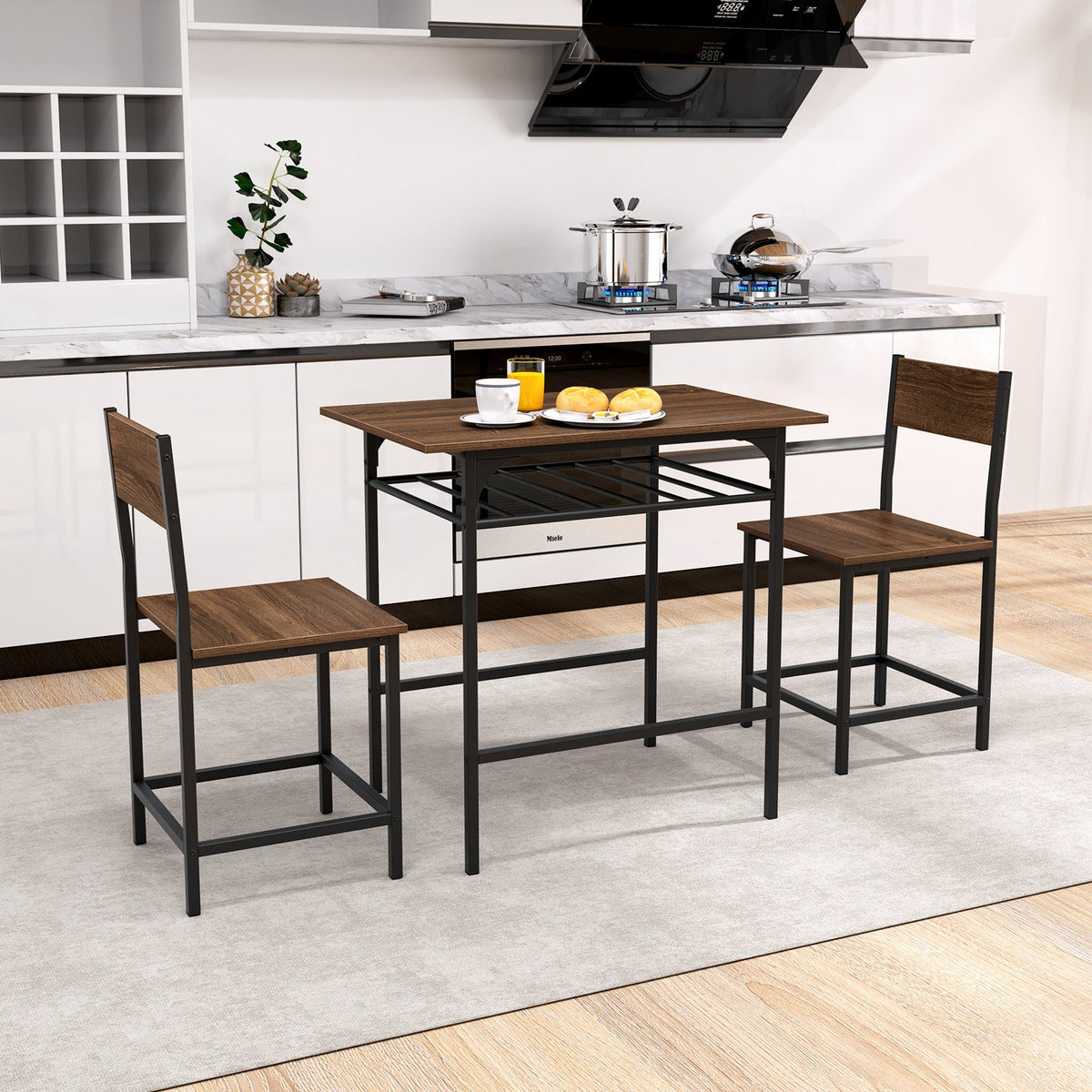 3-Piece Dining Table Set for 2 Wood Rectangular Table & Chair Metal Frame