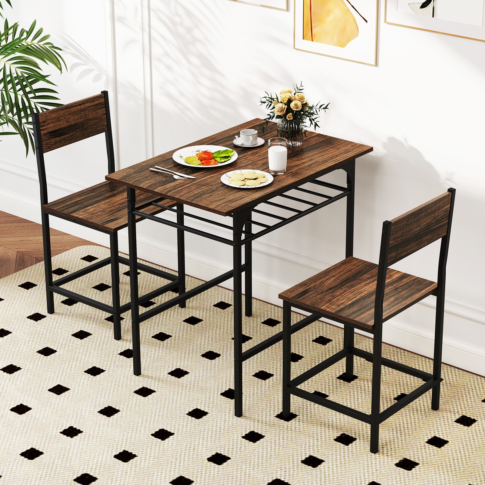 3-Piece Dining Table Set for 2 Wood Rectangular Table & Chair Metal Frame