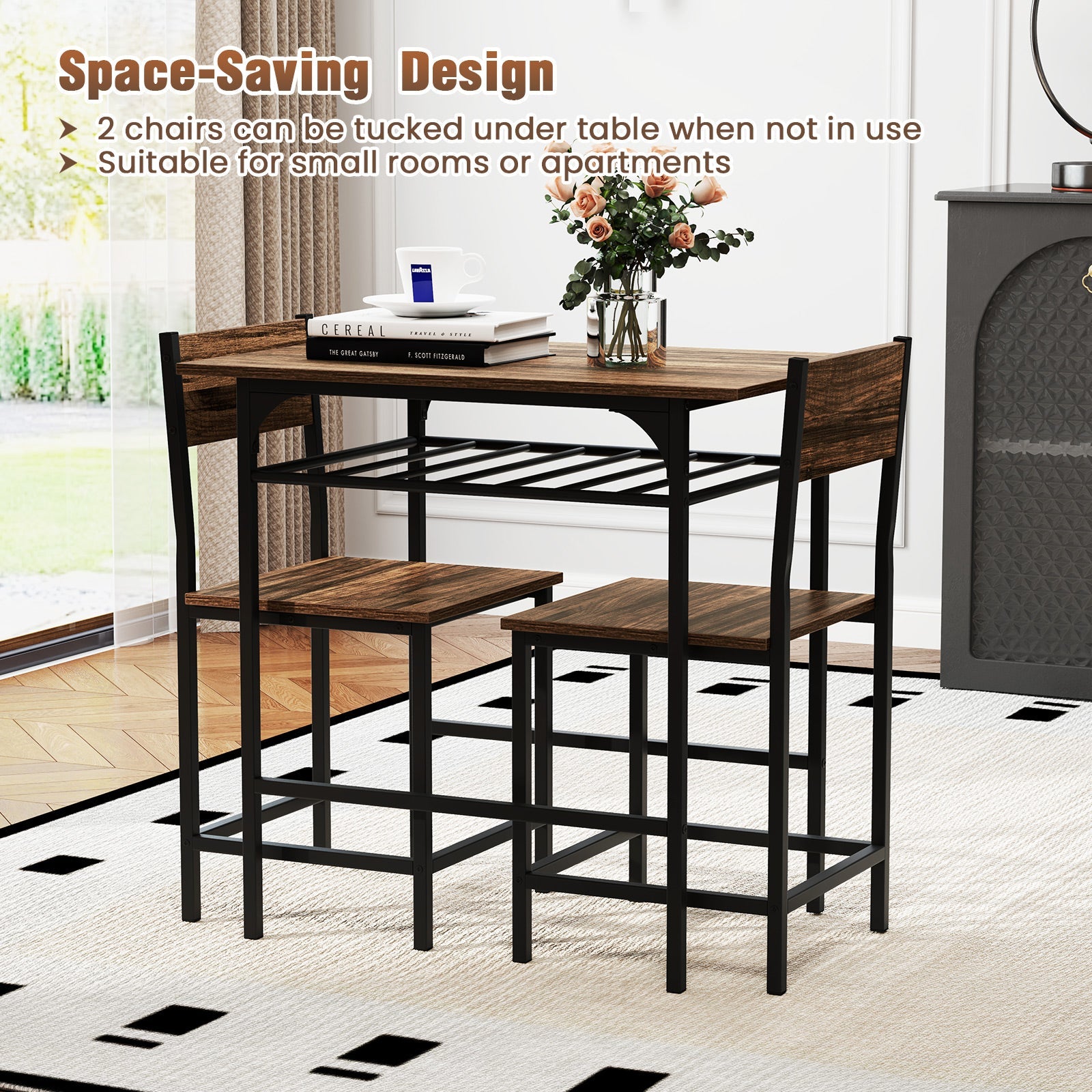 3-Piece Dining Table Set for 2 Wood Rectangular Table & Chair Metal Frame