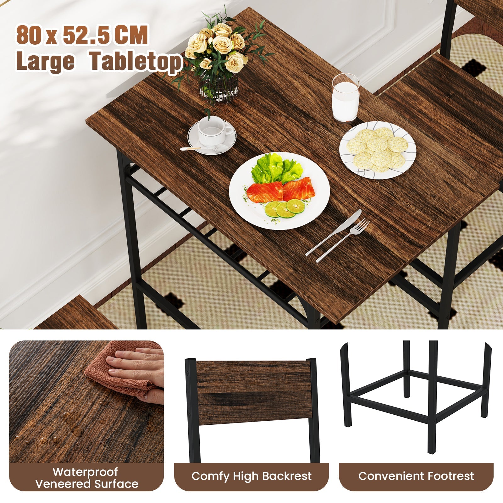 3-Piece Dining Table Set for 2 Wood Rectangular Table & Chair Metal Frame