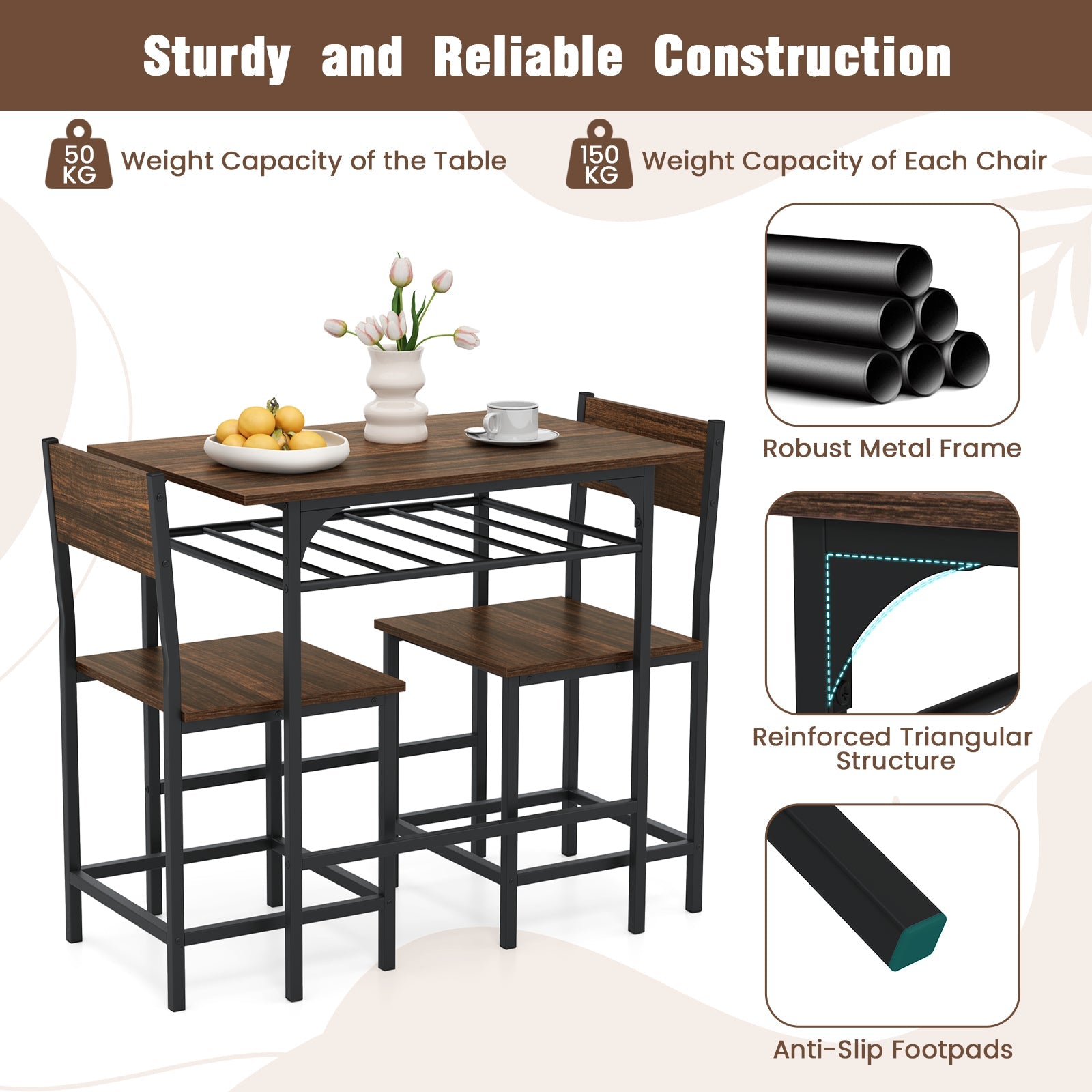 3-Piece Dining Table Set for 2 Wood Rectangular Table & Chair Metal Frame
