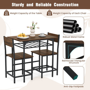 3-Piece Dining Table Set for 2 Wood Rectangular Table & Chair Metal Frame