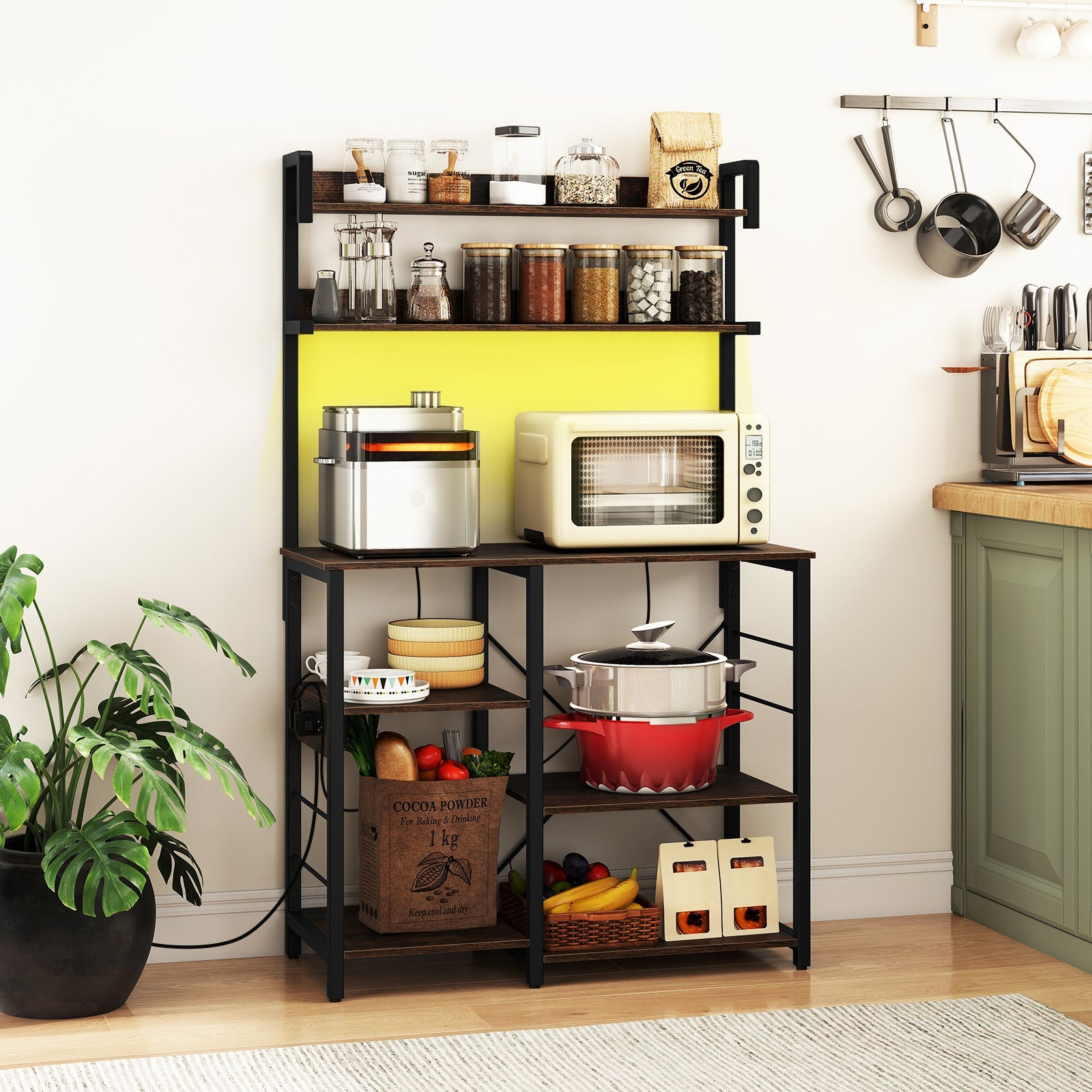 Kitchen Bakers Rack with Power Outlet, 5-Tier Microwave Oven Stand with LED Lights