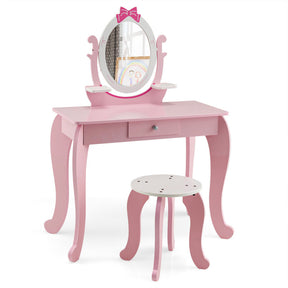 Kid Vanity Table Stool Set with Oval Rotatable Mirror & Drawer