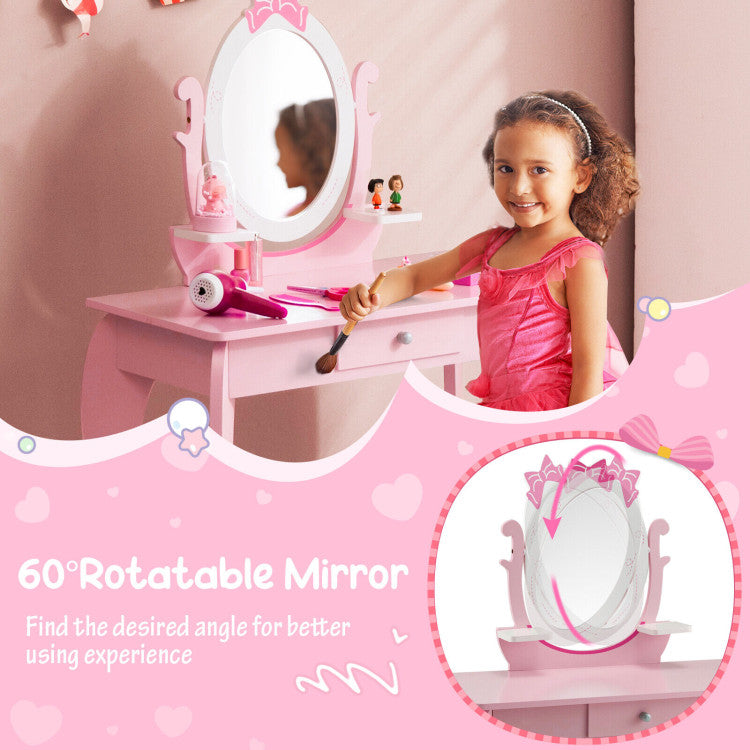 Kid Vanity Table Stool Set with Oval Rotatable Mirror & Drawer