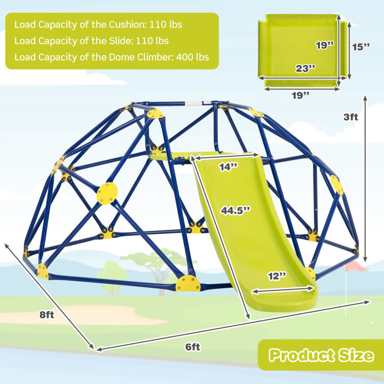 96" x 72" x 36" Kids Climbing Dome Outdoor Toddlers Jungle Gym Geodesic Climber with Slide and Fabric Cushion for Playground