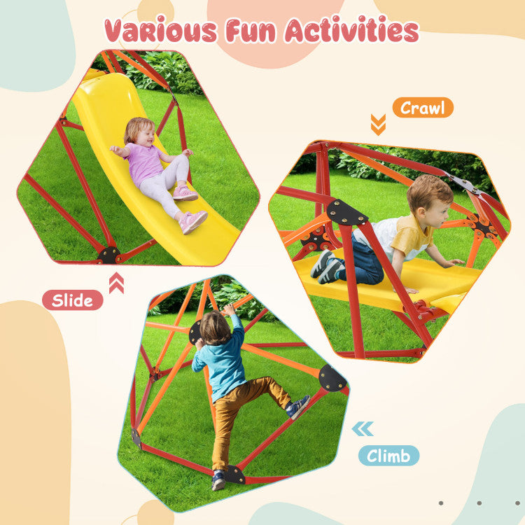 96" x 72" x 36" Kids Climbing Dome Outdoor Toddlers Jungle Gym Geodesic Climber with Slide and Fabric Cushion for Playground