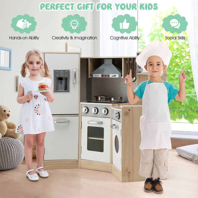 Kids Corner Wooden Kitchen Playset with Cookware Accessories and Sound & Light