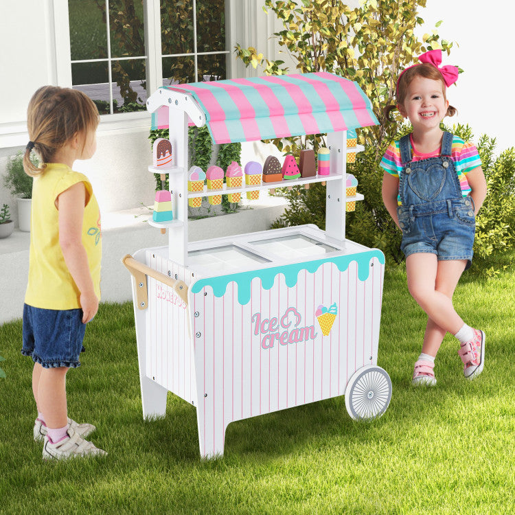 Kids Ice Cream Cart Playset with Display Rack and 12 Toys Accessories